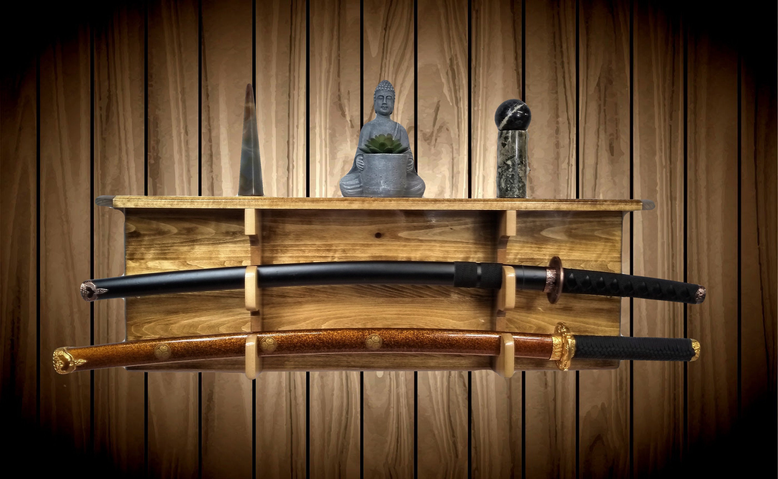 Sword Display Rack w/Shelf, Aspen Wood Wall Mount, Walnut Finish, Military Saber, Katana Samurai