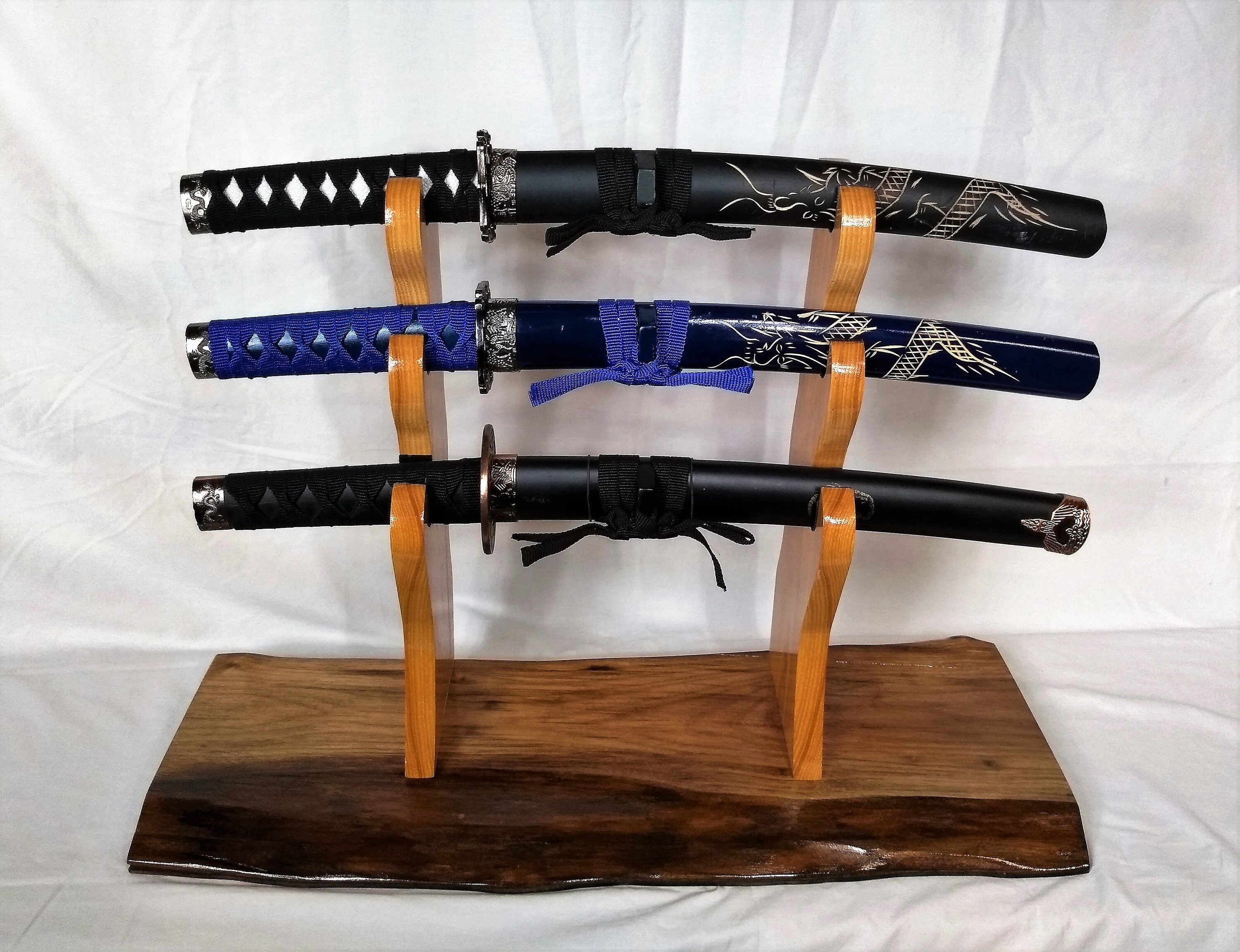 3 Tier Katana Wakizashi Tanto Sword Stand Live Edge Walnut Base Bushido Japanese Samurai Decor