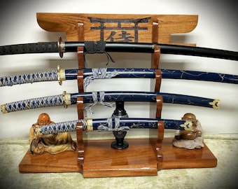 Rustic 4 Tier Beautiful African Mahogany Japanese Tori Gate Design Samurai Sword Display Stand Collectors Gift