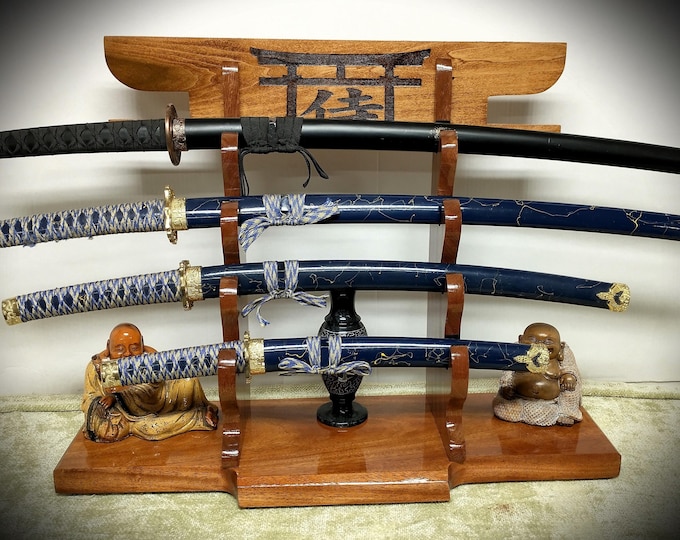 Rustic 4 Tier Beautiful African Mahogany Japanese Tori Gate Design Samurai Sword Display Stand Collectors Gift