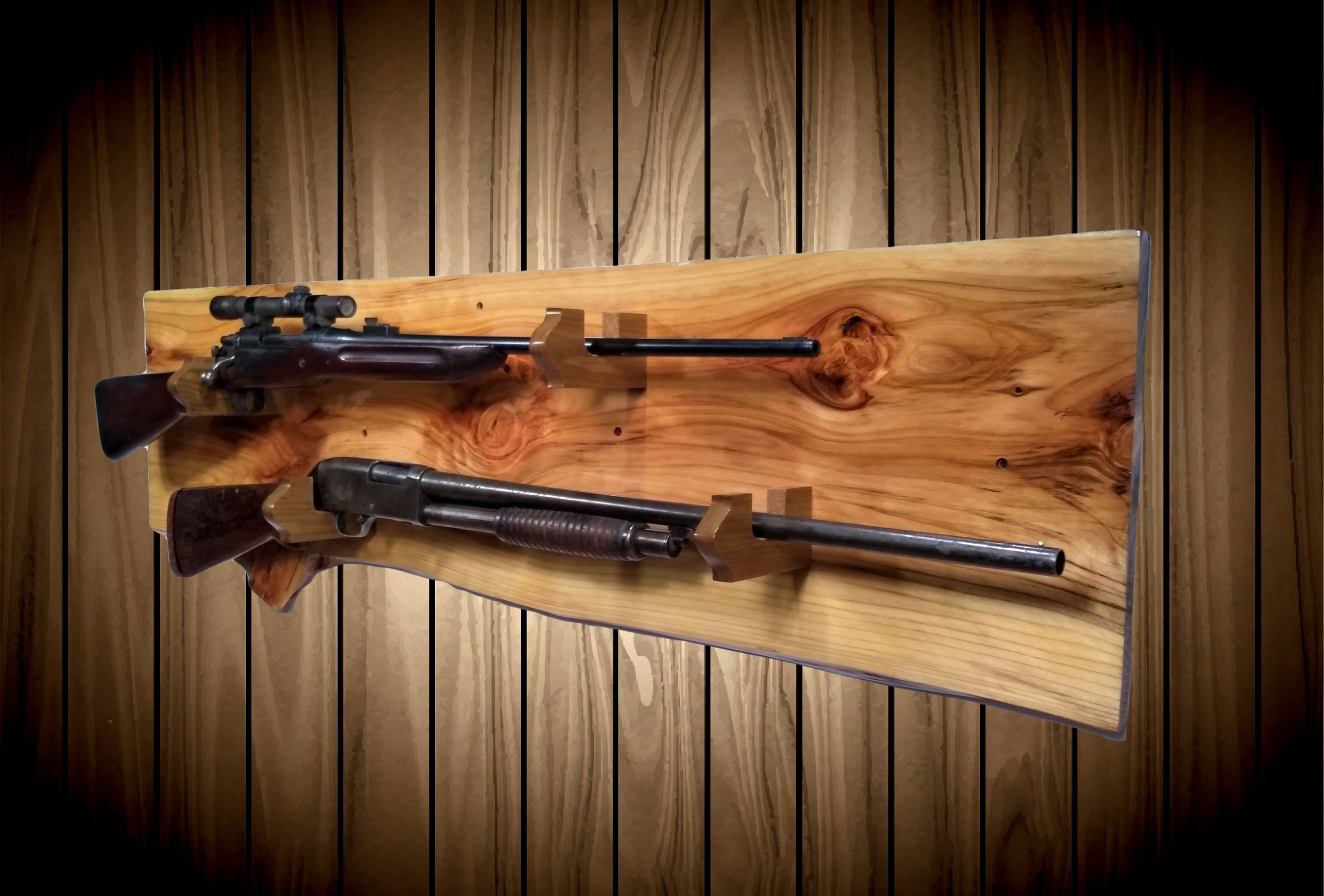 Rustic Gold Gun Rack, Live Edge Knotty Cypress, 2 Guns Display, Wall