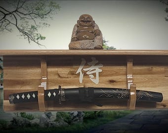 Traditional Cabin Acacia Wall Shelf Display Samurai Wakizashi or Tanto Dojo Collectors Gift