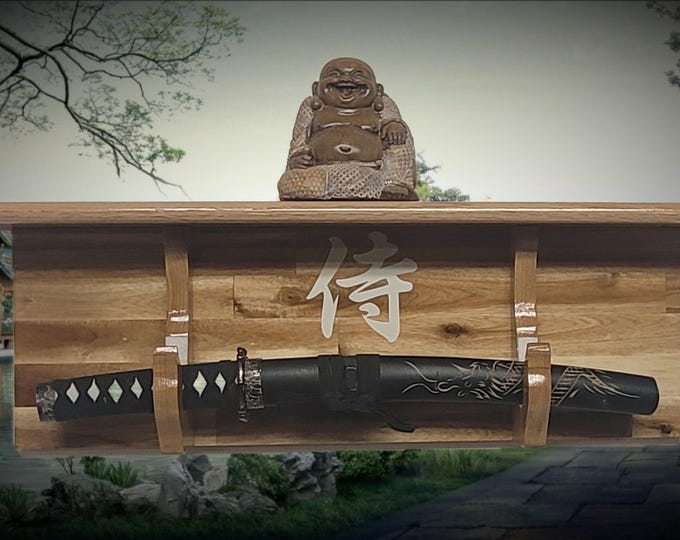 Traditional Cabin Acacia Wall Shelf Display Samurai Wakizashi or Tanto Dojo Collectors Gift