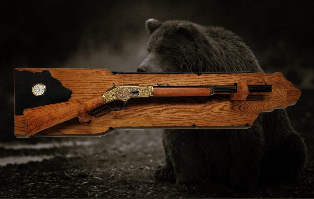Rustic Bear Lever Action Henry Rifle Display Faux Live Edge Gun