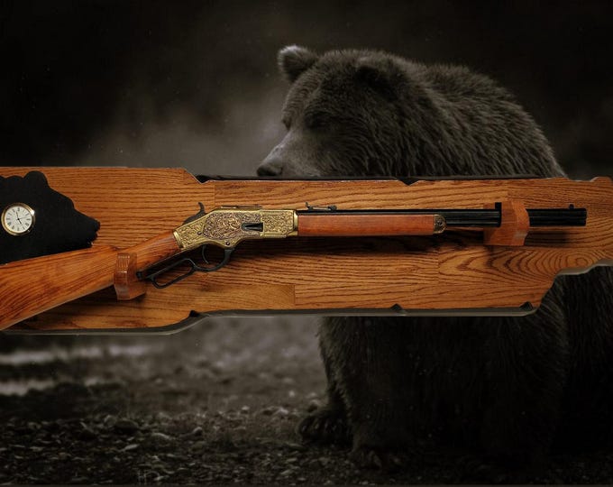 Rustic Bear Lever Action Henry Rifle Display Faux Live Edge Gun Rack Cabin Oak with Clock Décor Collectors Gift
