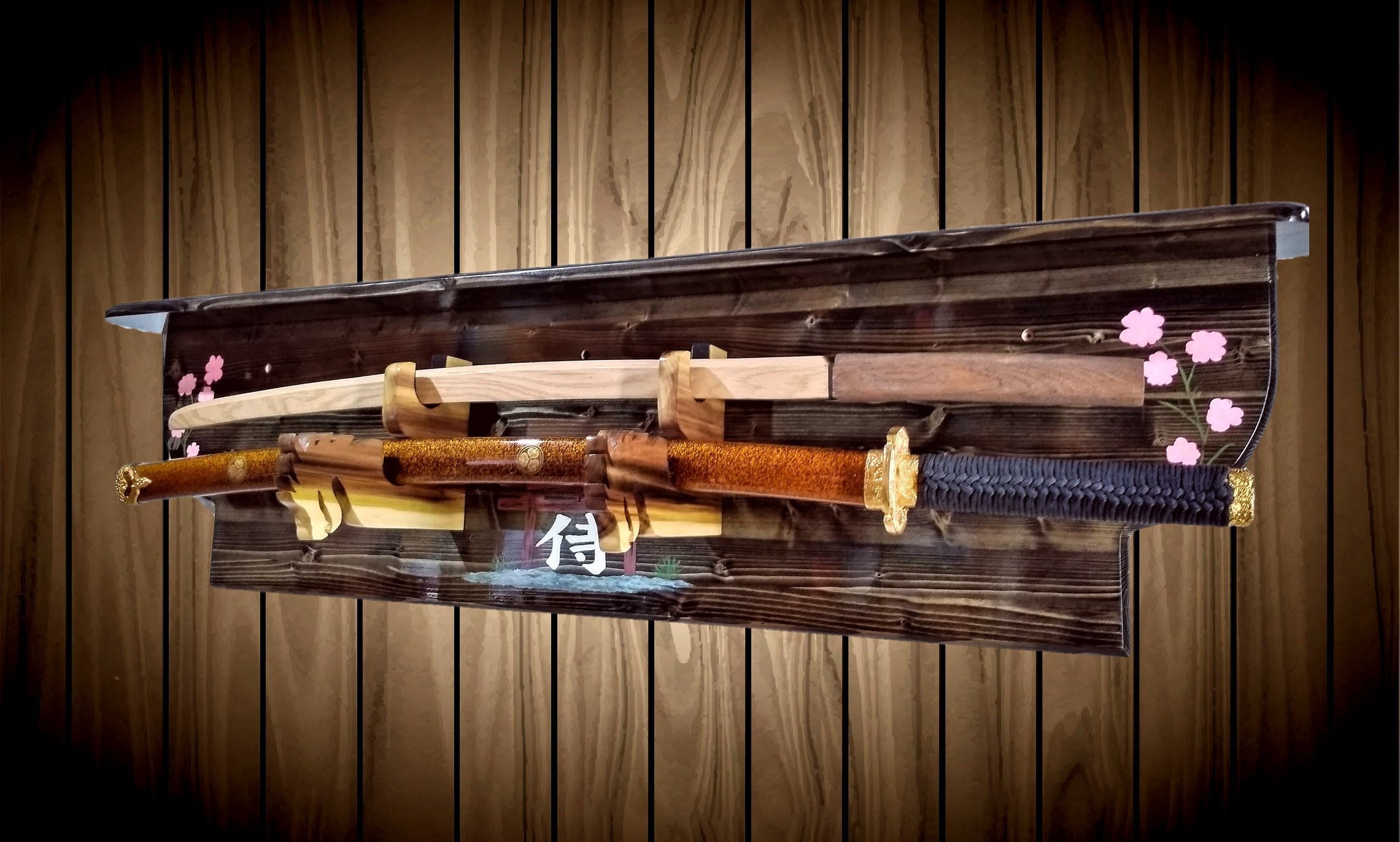 2 Tier Katana Bokken Samurai Sword Display Rack Shelf Dragon Holders Hand Painted Knotty Pine