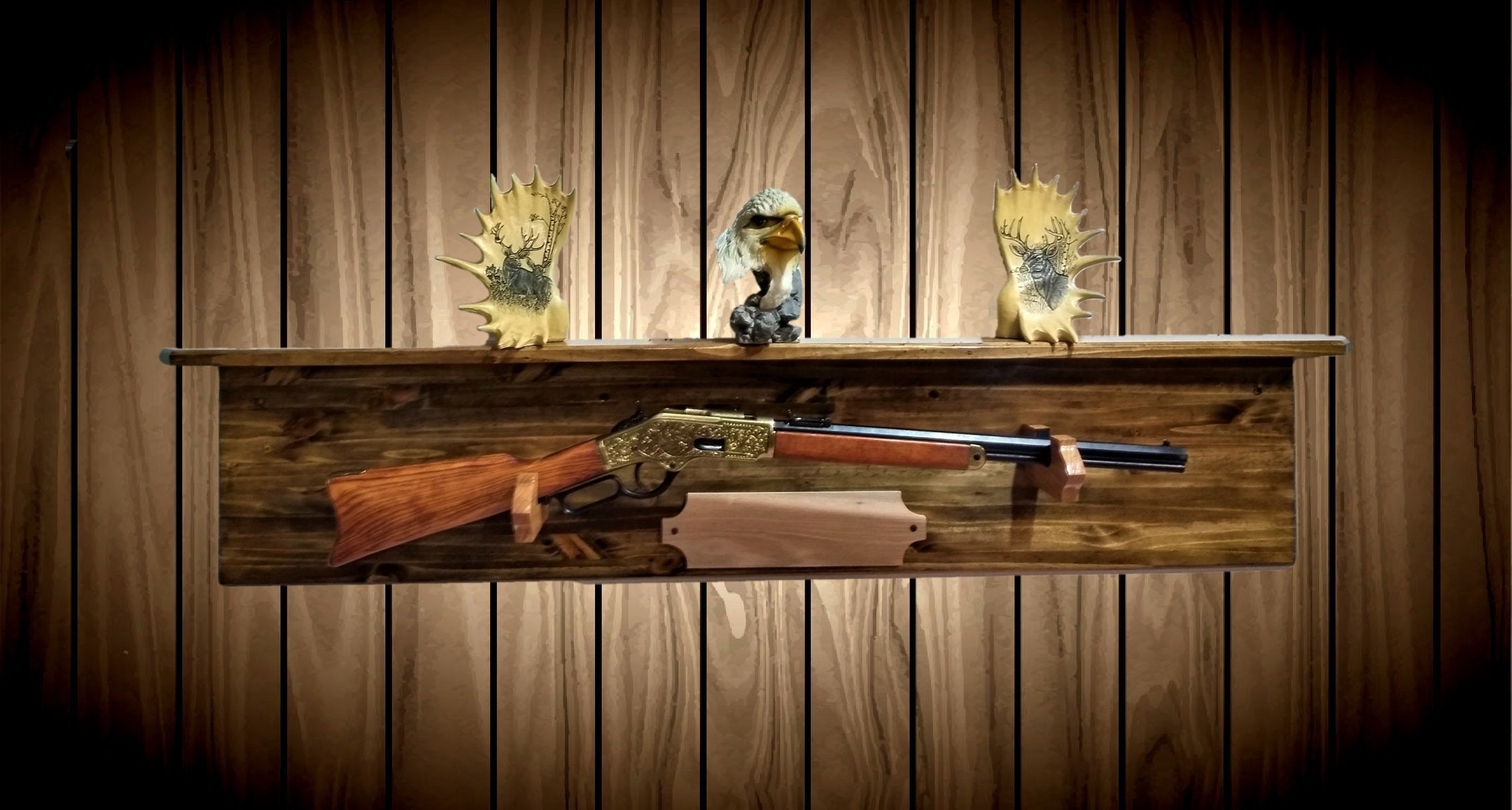 Personalized Gun Rack, Traditional Wood Wall Display with Shelf, (Your Name Here). Rifle Shotgun