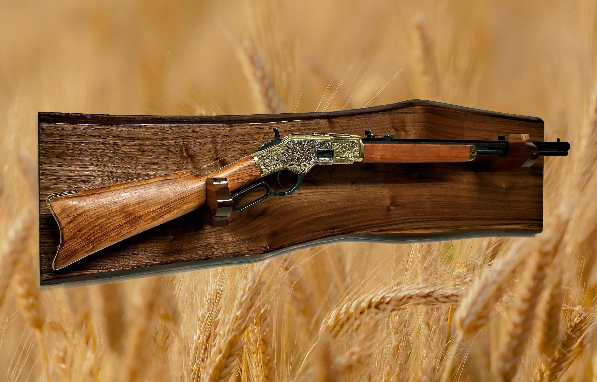 Rustic Live Edge Walnut Gun Rack Designed for Lever Action Rifle Wall