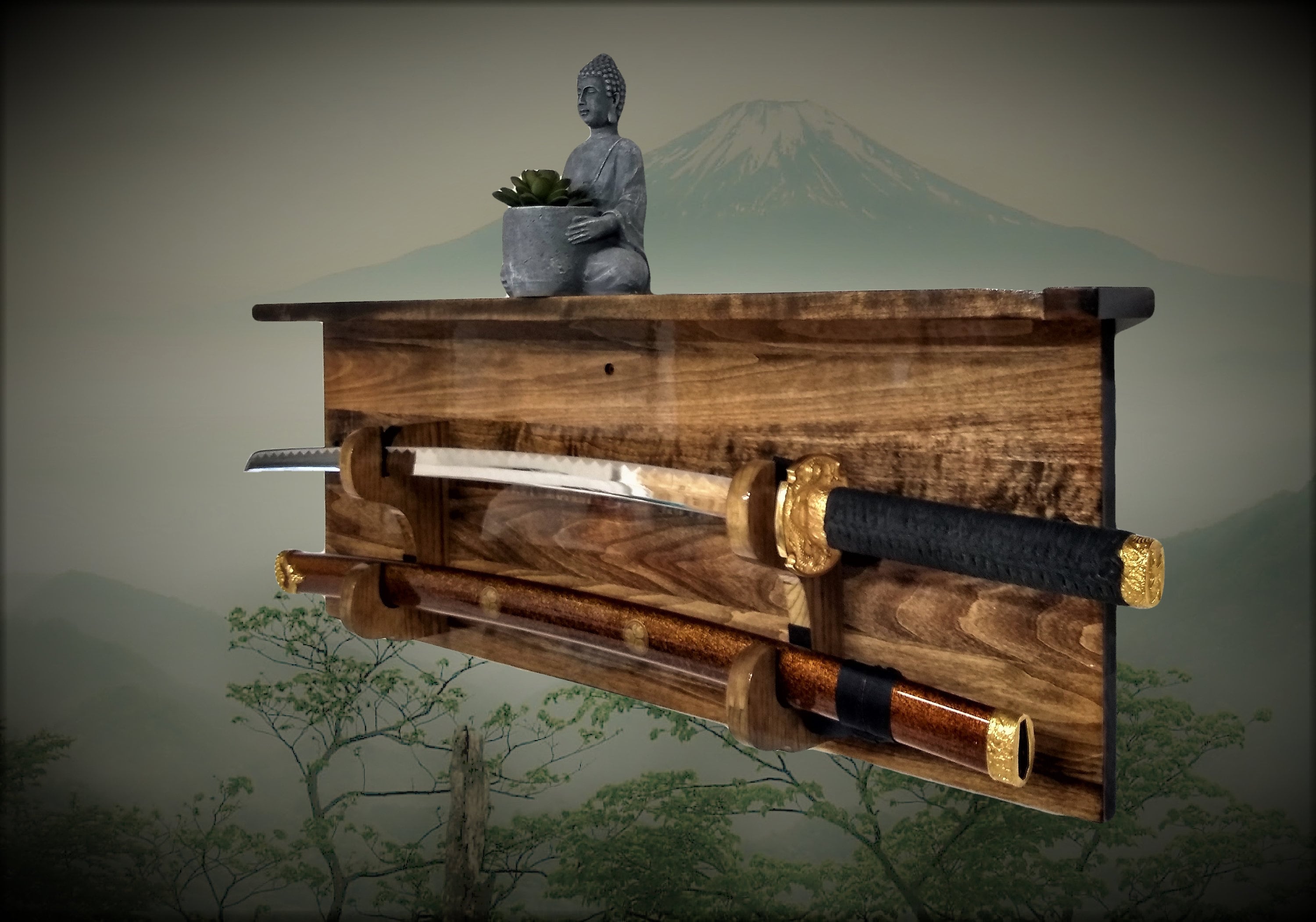 Sword Wall Rack Shelf Unique Finish Military Saber Katana Samurai Blade and Sheath Display Décor