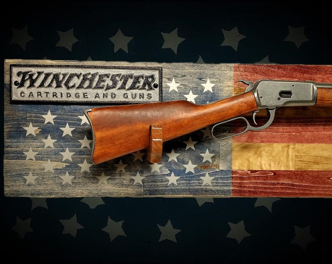 Rustic Faded Old Glory Flag Winchester Lever Action Rifle Display Aspen Faux Live Edge Collectors Gift