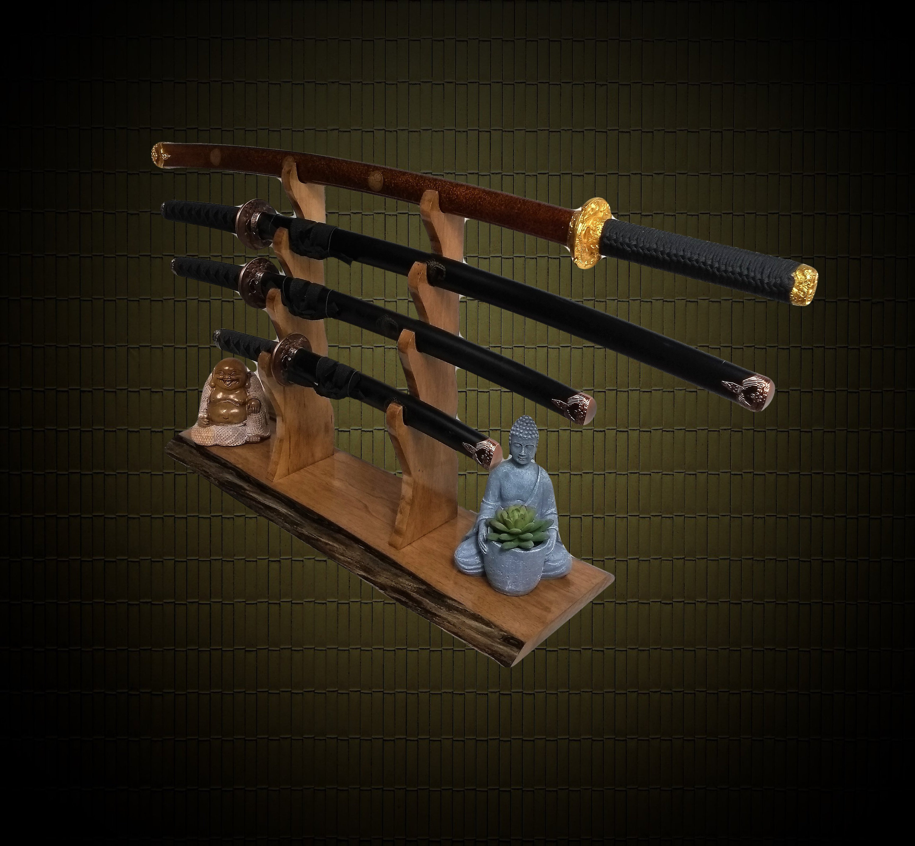 Rustic 4 Tier Sword Stand Display Walnut Base Katana Wakizashi Tanto Samurai Mantel Desk Top