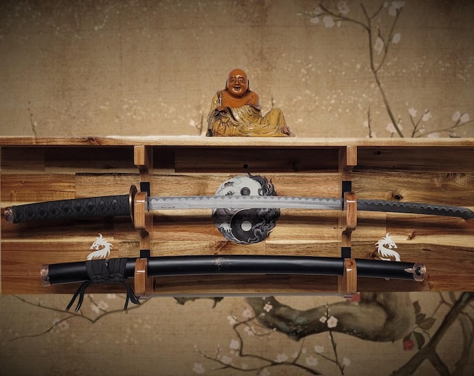 Traditional 2 Tier Katana Acacia Wall Shelf Display Yin Yang White Dragon Dojo Gift