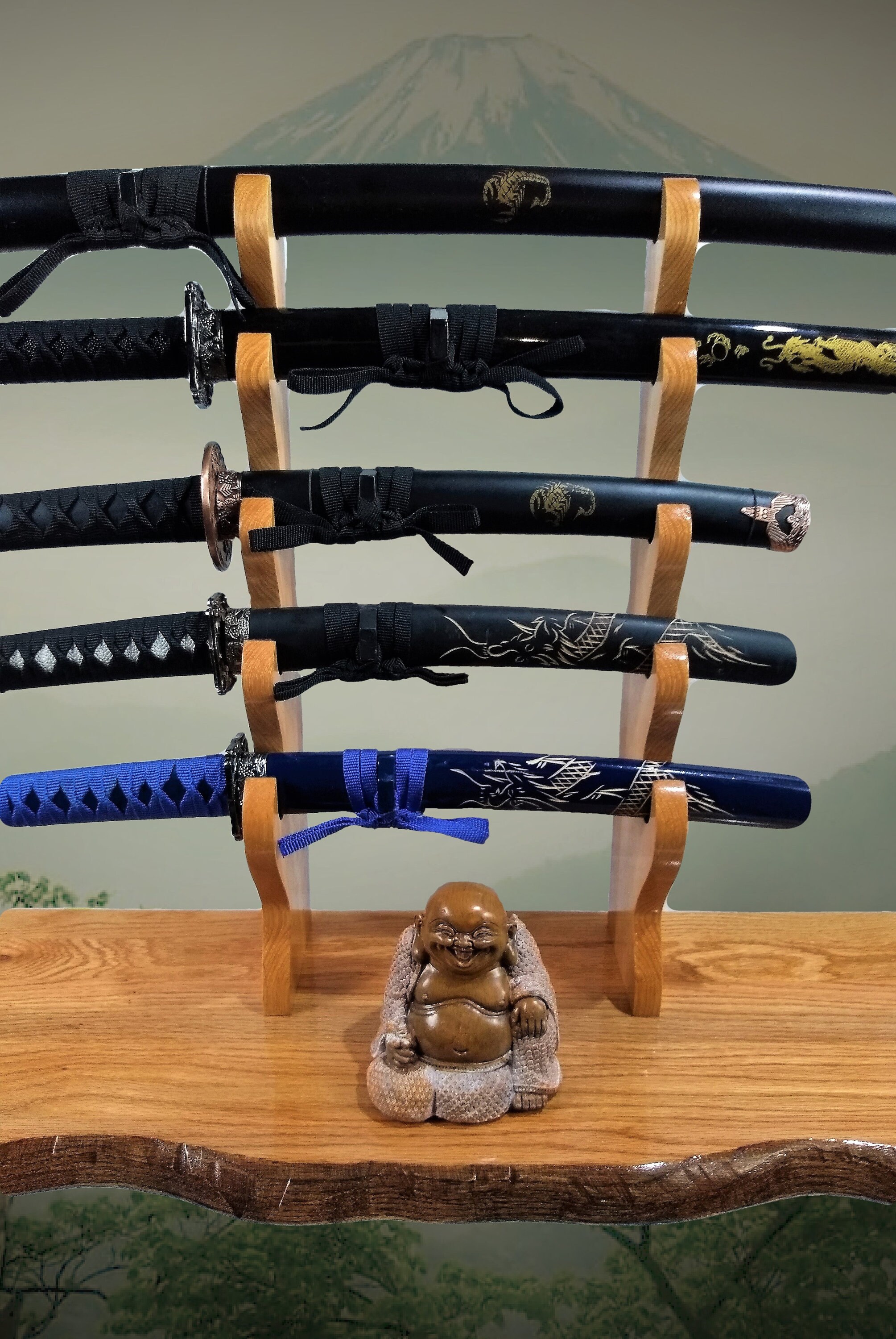 Solid Rustic Oak Katana Sword Stand, Hickory Holders, Mantel Desk Top Japanese Samurai Decor