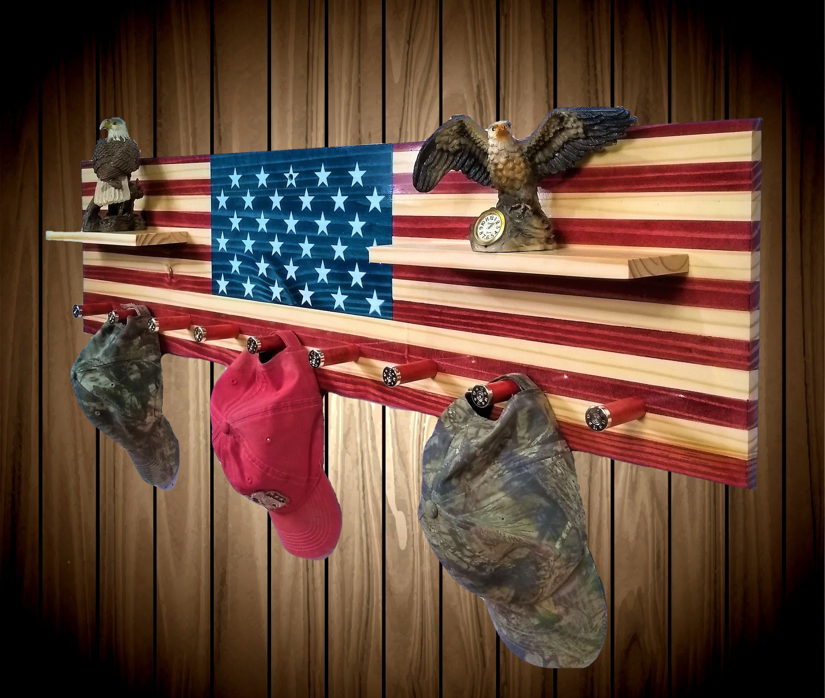 American Flag Coat Rack Shelf Wall Hanging 9 Shotgun Shell Pegs