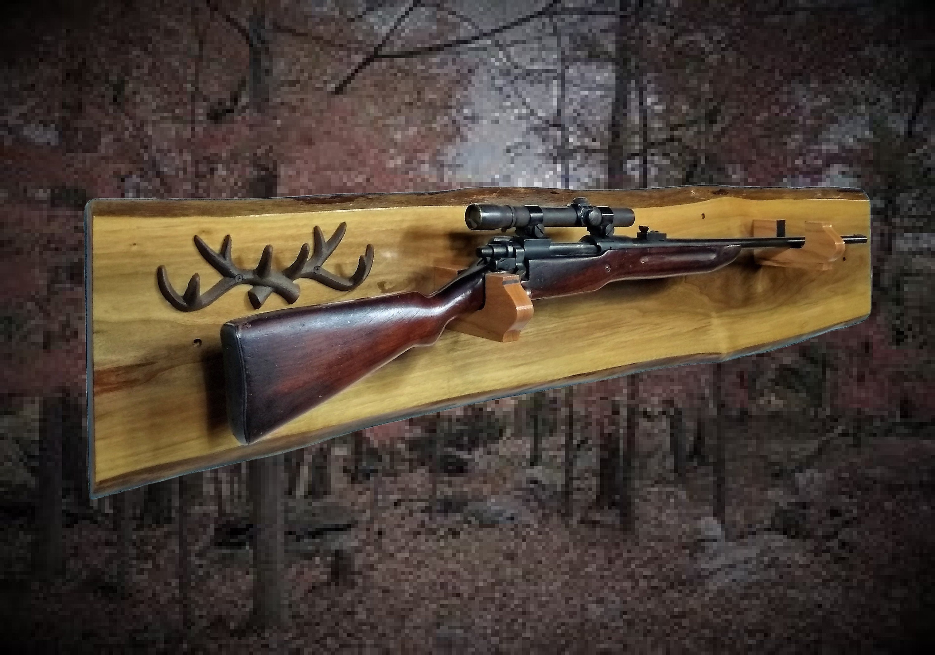 Rustic Gun Rack Live Edge Walnut Wall Display Antler Key Rack Rifle