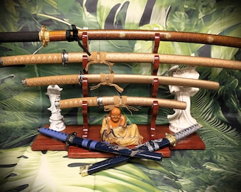 4-Tier Brazilian Cherry Sword Display Stand: Katana, Wakizashi