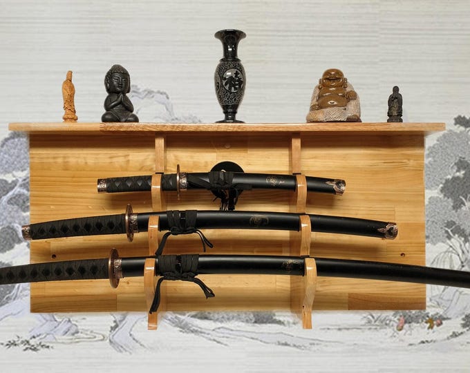 Beautiful Golden 3-Tier Traditional Katana Sword Wall Display Shelf A Perfect Gift Ronin Samurai Collectors