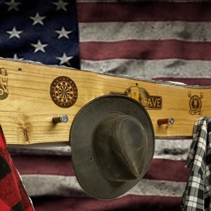 RUSTIC COAT RACK, Coat Rack Hooks, Beer Cave Live Edge Paulownia Slab Man Cave Just Home Decor 6 Shotgun Shell Pegs