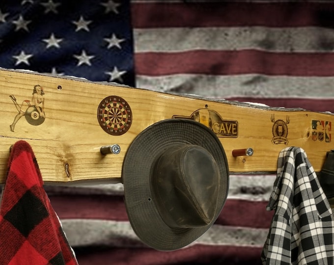 RUSTIC COAT RACK, Coat Rack Hooks, Beer Cave Live Edge Paulownia Slab Man Cave Just Home Decor 6 Shotgun Shell Pegs