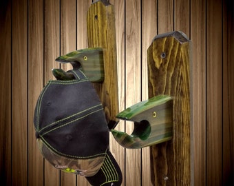FISH HOOK, WOODEN Hooks, Rustic Wall Mounted Green Hand Painted Wooden Fish Head Holders Pair, House Warming Gift