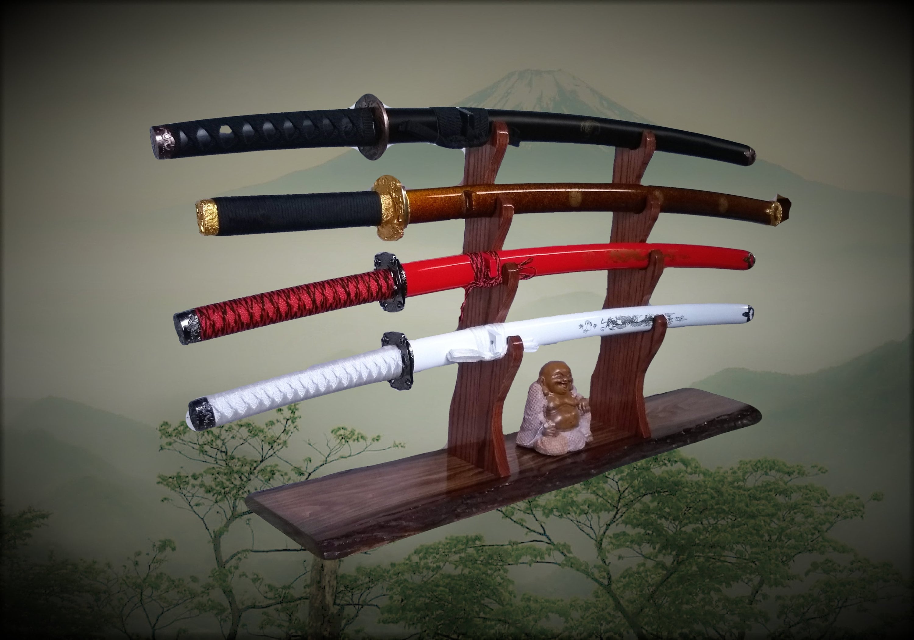 Rustic 4 Tier Sword Stand Display Walnut Base Katana Wakizashi Tanto Samurai Mantel Desk Top