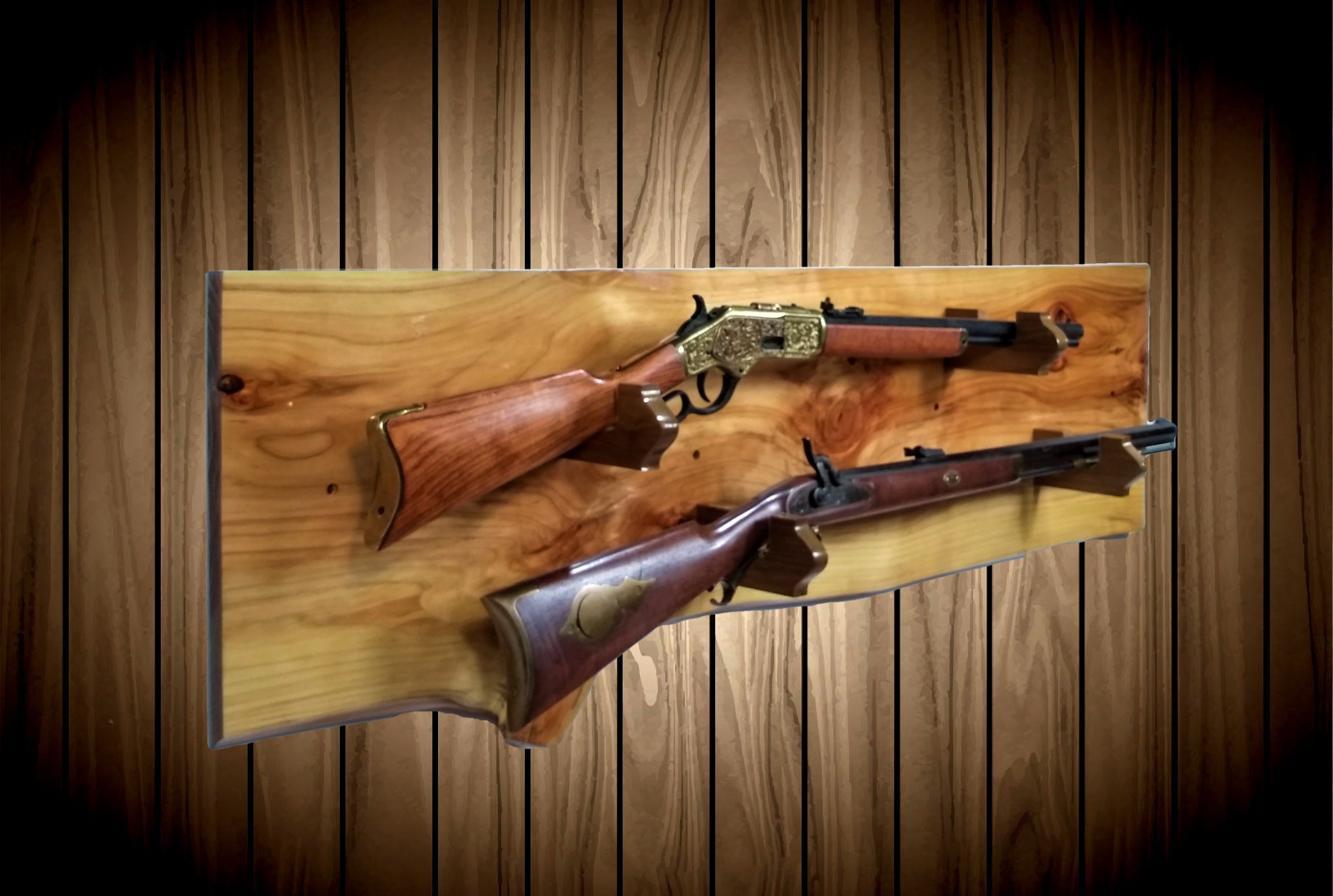 Rustic Gold Gun Rack, Live Edge Knotty Cypress, 2 Guns Display, Wall Mount, Rifle Shotgun
