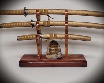 Handmade 3-Tier Samurai Sword Stand: Red Cedar & Cherry Wood