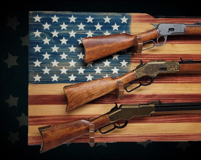 Traditional Old Glory 3 Place Lever Action Knotty Pine Rifle Display Unique Collectors Gift