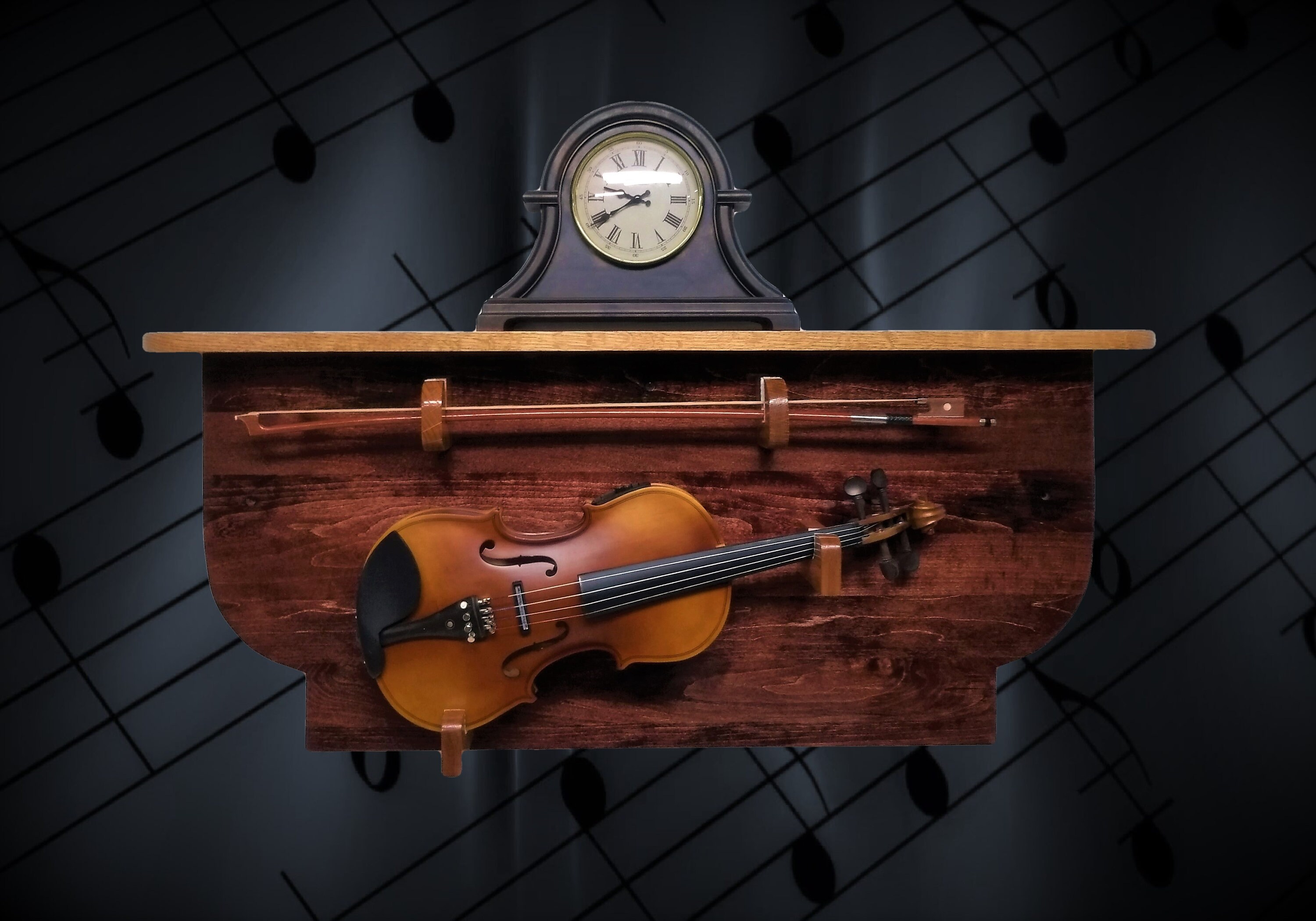 Mahogany Violin Display Rack with Oak Shelf Unique Rustic Musical Wall