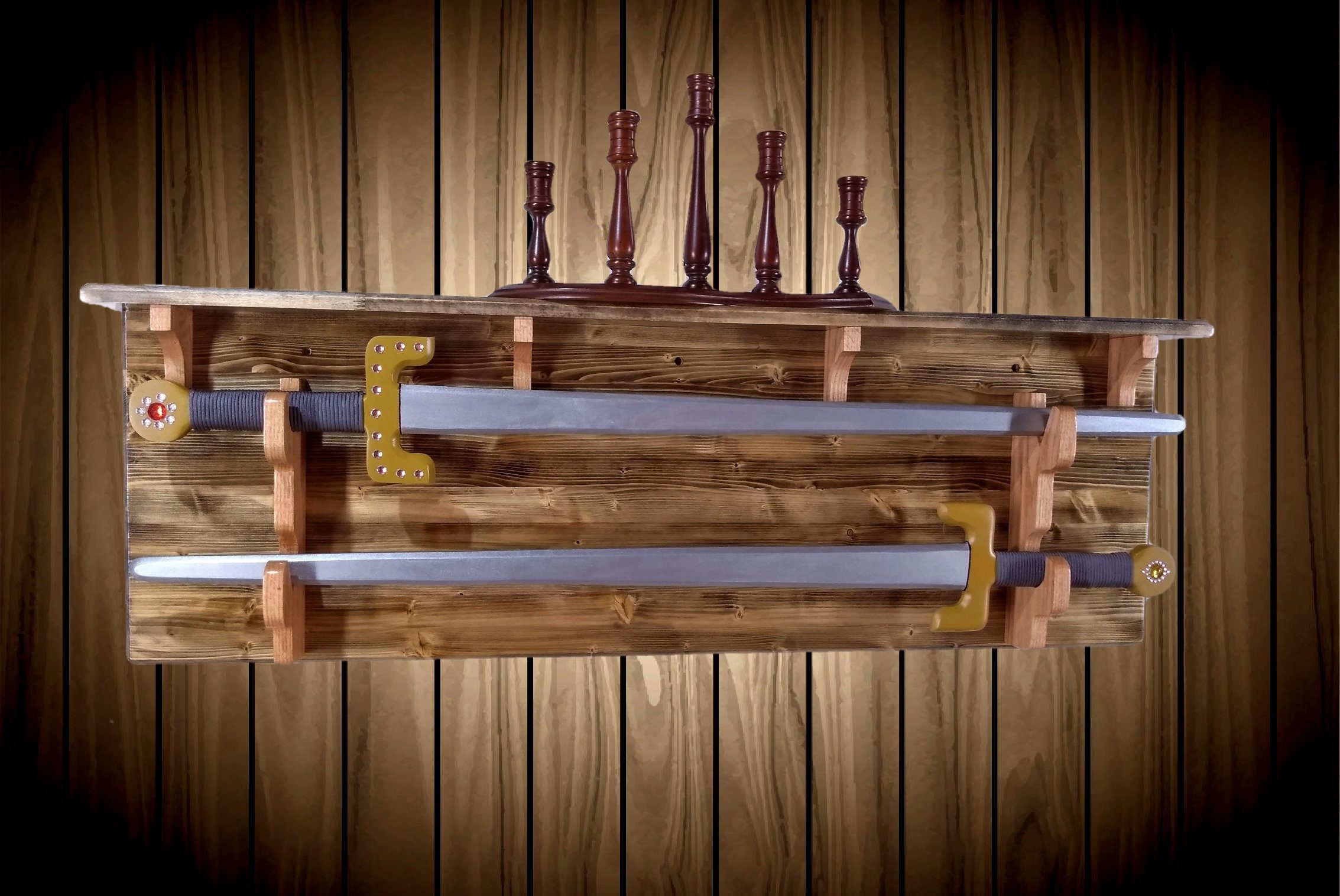 Long Sword Display Rack, 2 Tier w/Shelf, Viking, Crusaders, Templar, Katana, Wood Wall Mount