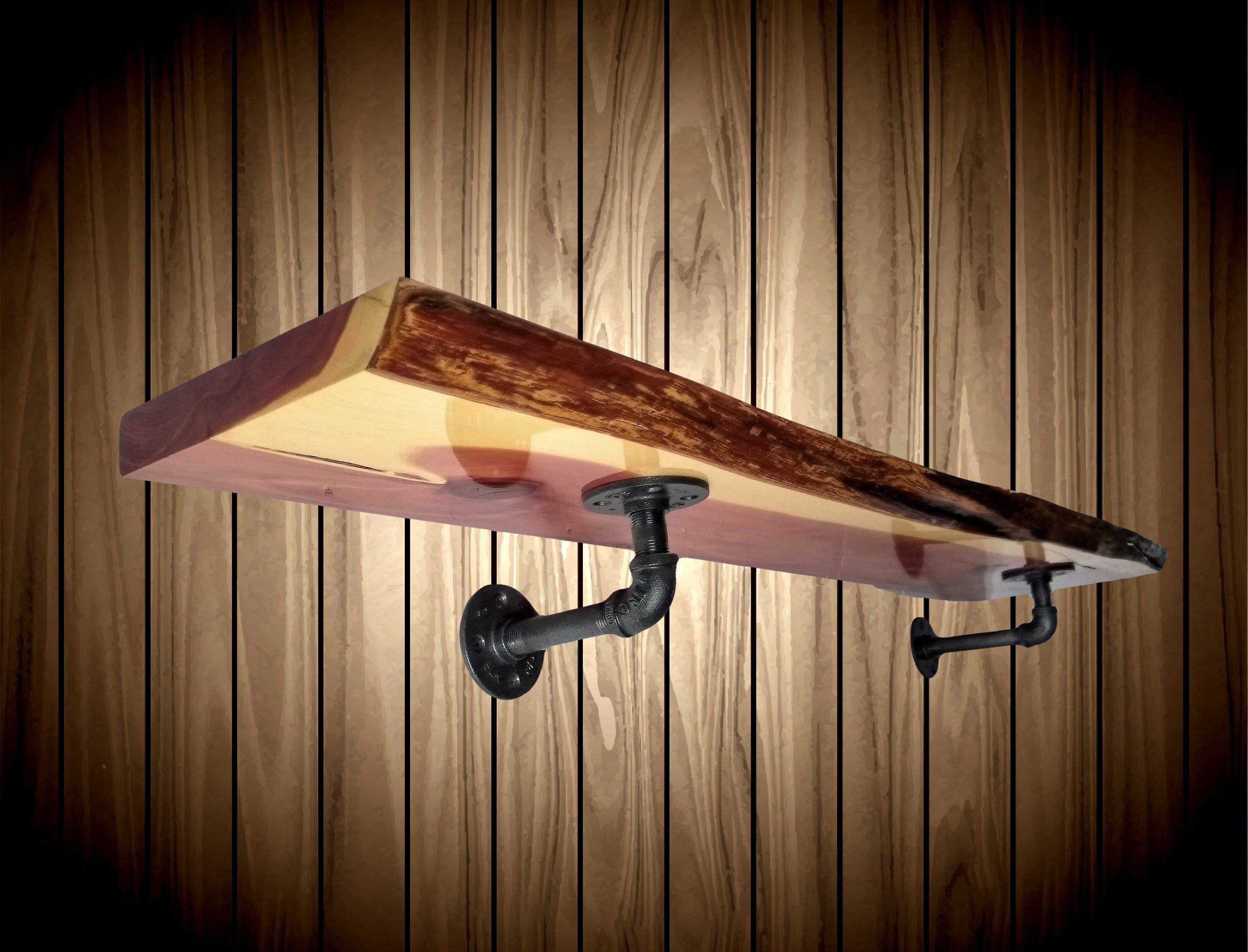 Rustic Industrial Pipe Shelf Live Edge Knotty Cedar Home Cabin Etsy