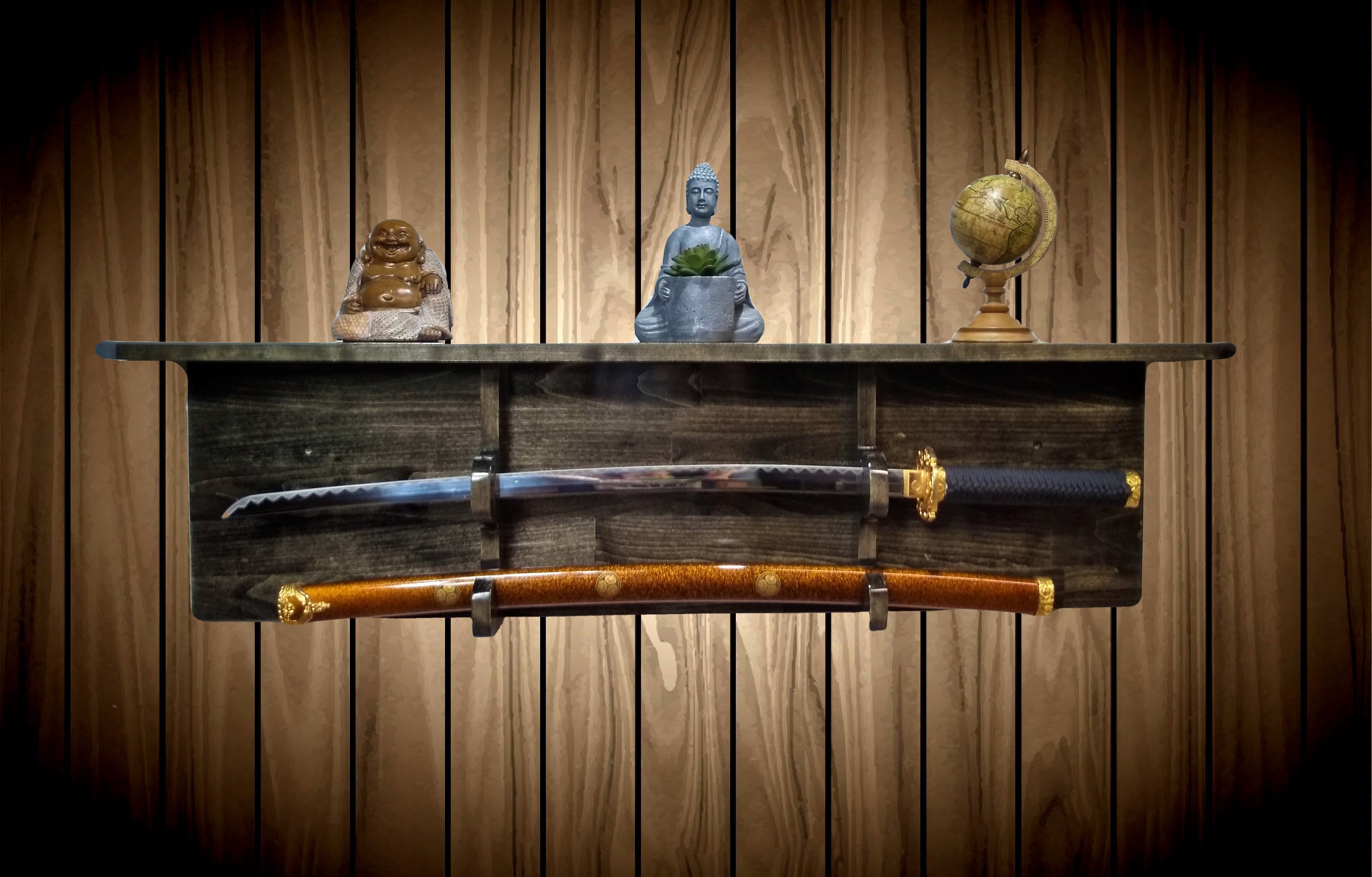 Ebony Sword Rack Display Shelf Wall Mount Katana Military, Unique Gift. FREE SHIPPING