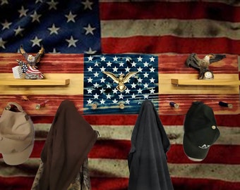 Old Glory Rustic Flag Coat Rack Shelf Wall Hanging Shotgun Shell Pegs Americana Patriotic Decor, Gift, FREE SHIPPING