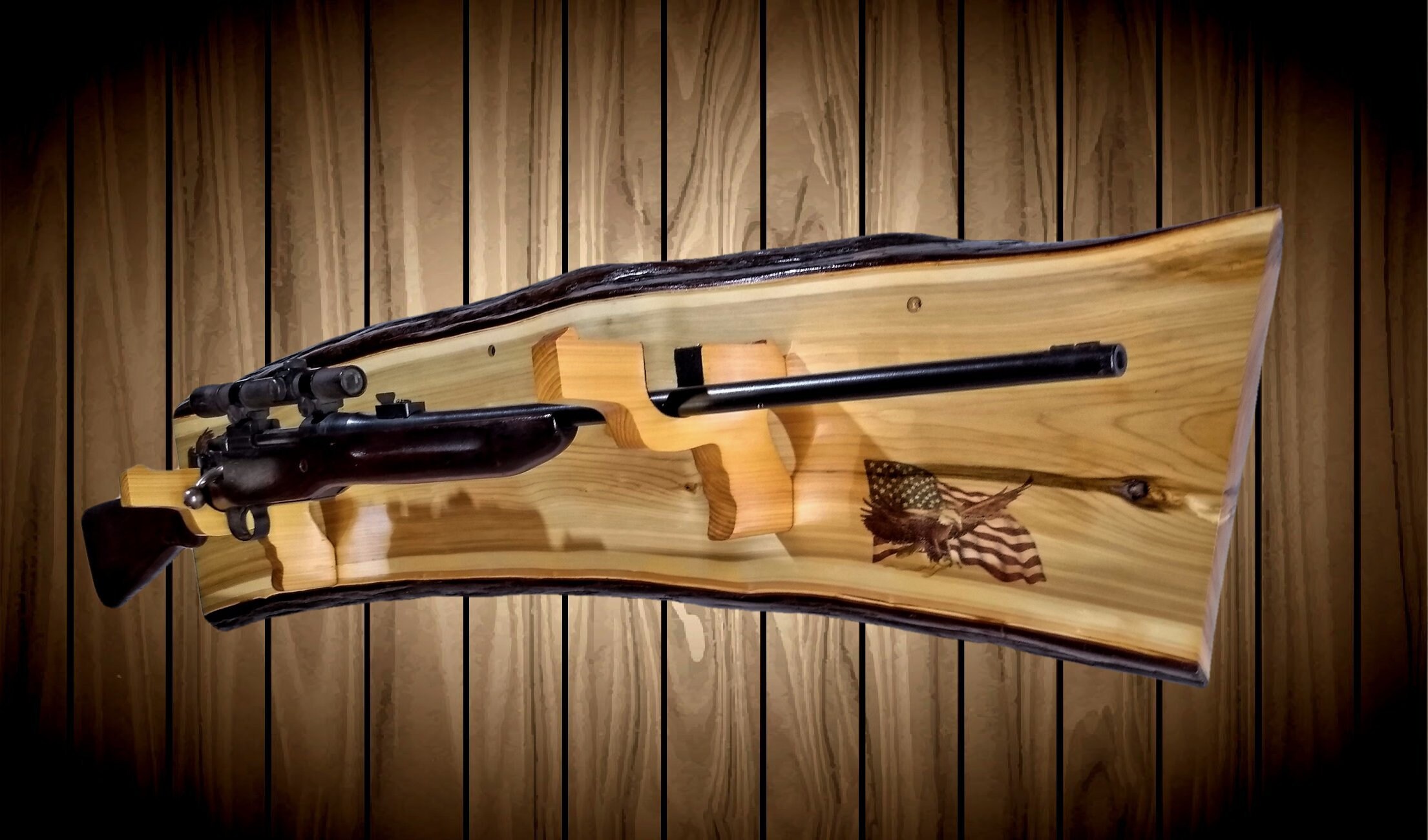 Rustic Cedar Gun Rack Pistol Hangers American Flag Cabin Decor