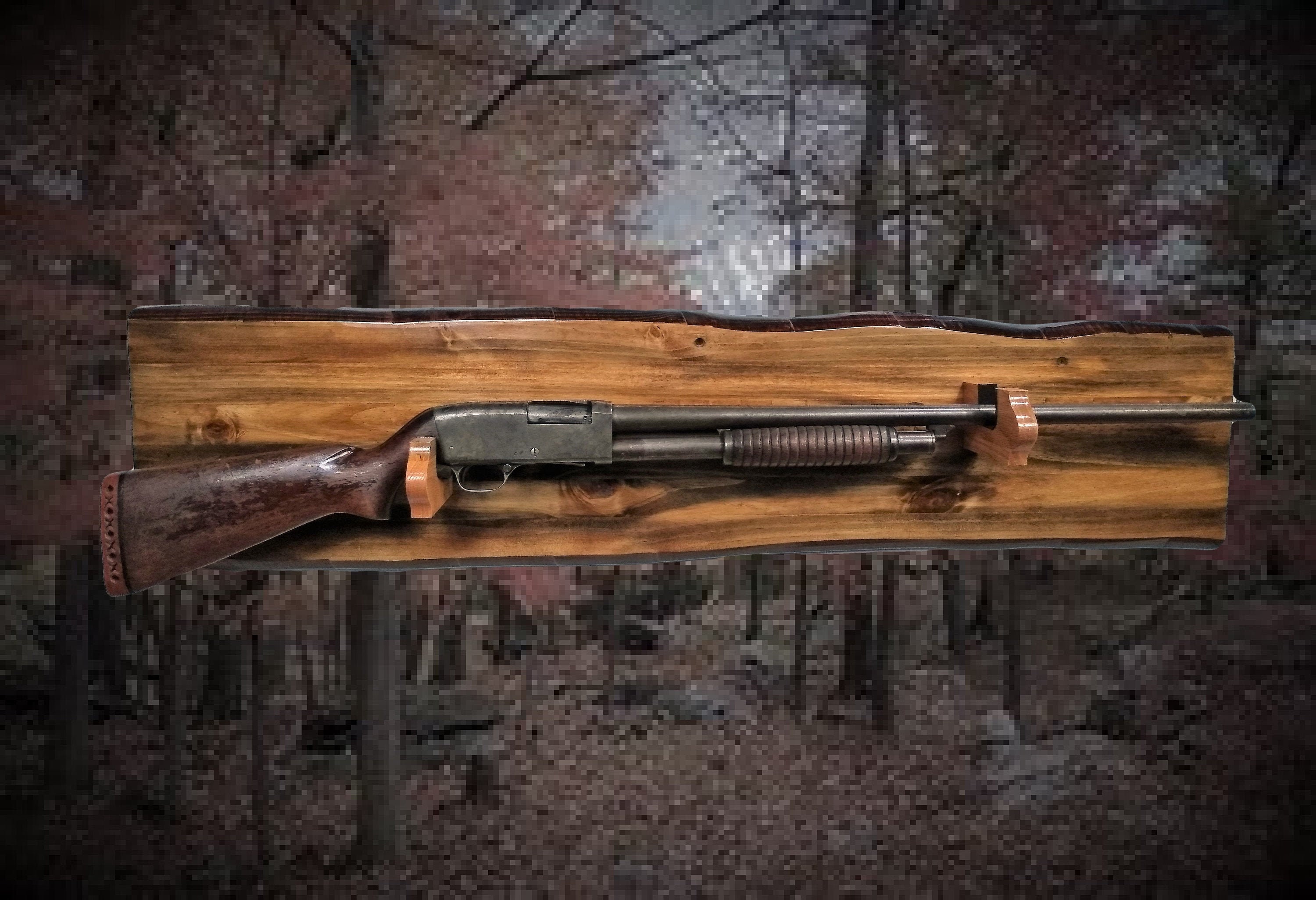 Rustic Imitation Knotty Pine Live Edge Gun Rack Rifle Shotgun Display