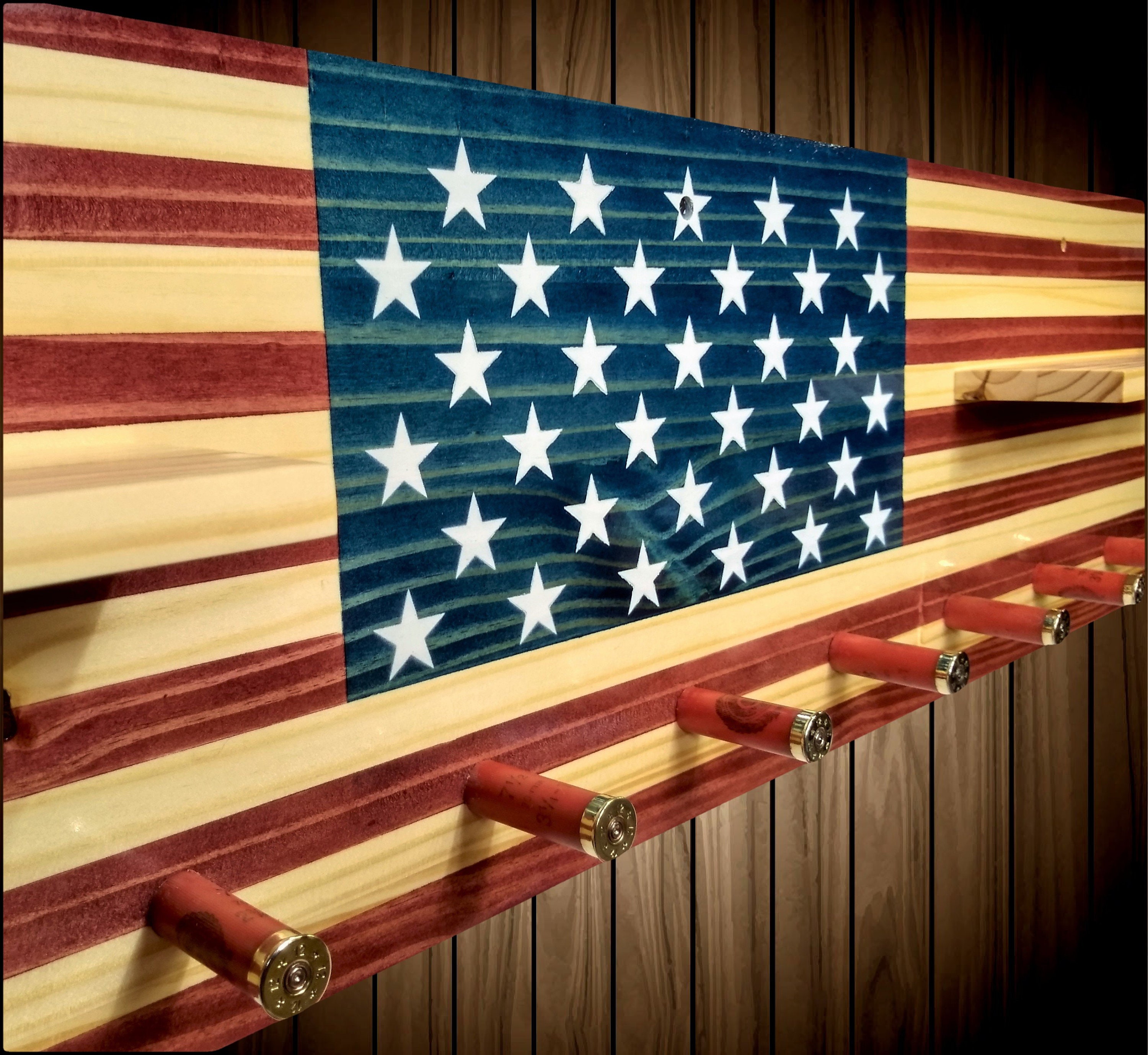 American Flag Coat Rack Shelf Wall Hanging 9 Shotgun Shell Pegs