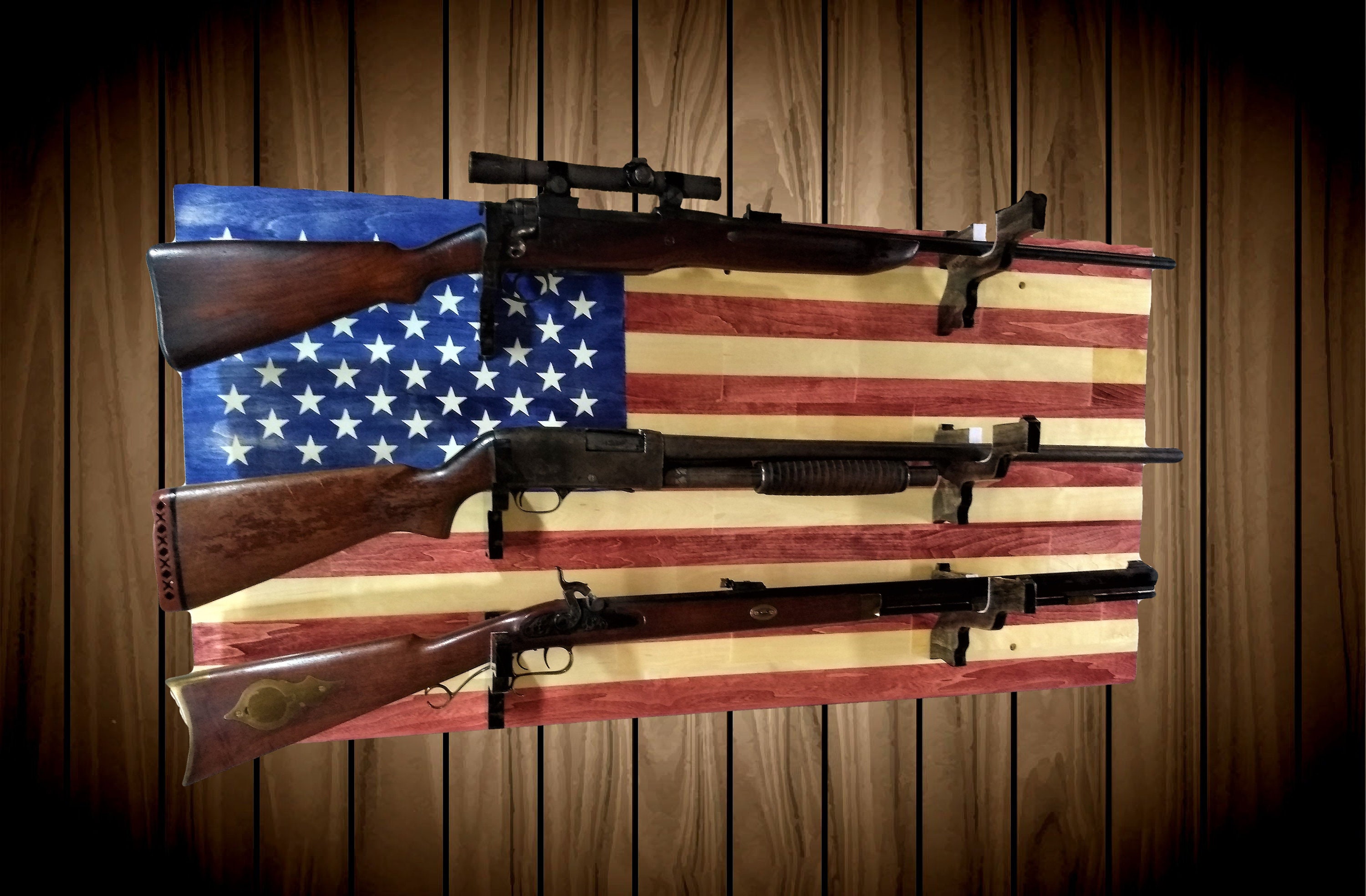 American Flag Patriotic 3 Gun Rack Pistol Hangers Aspen Wood Wall Mount