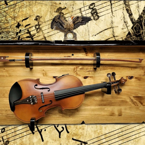 RUSTIC VIOLIN FIDDLE Wall Display With Shelf, Knotty Pine Black Hangers Wall Hanging Decor