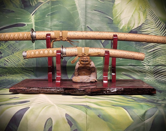 Unique Live Edge Rustic 2 Tier Swamp Oak Purpleheart Samurai Collector Display Gift