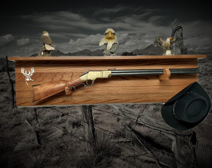Traditional Lever Action Deer Oak Rifle Display with Deep Shelf Western farmhouse gift