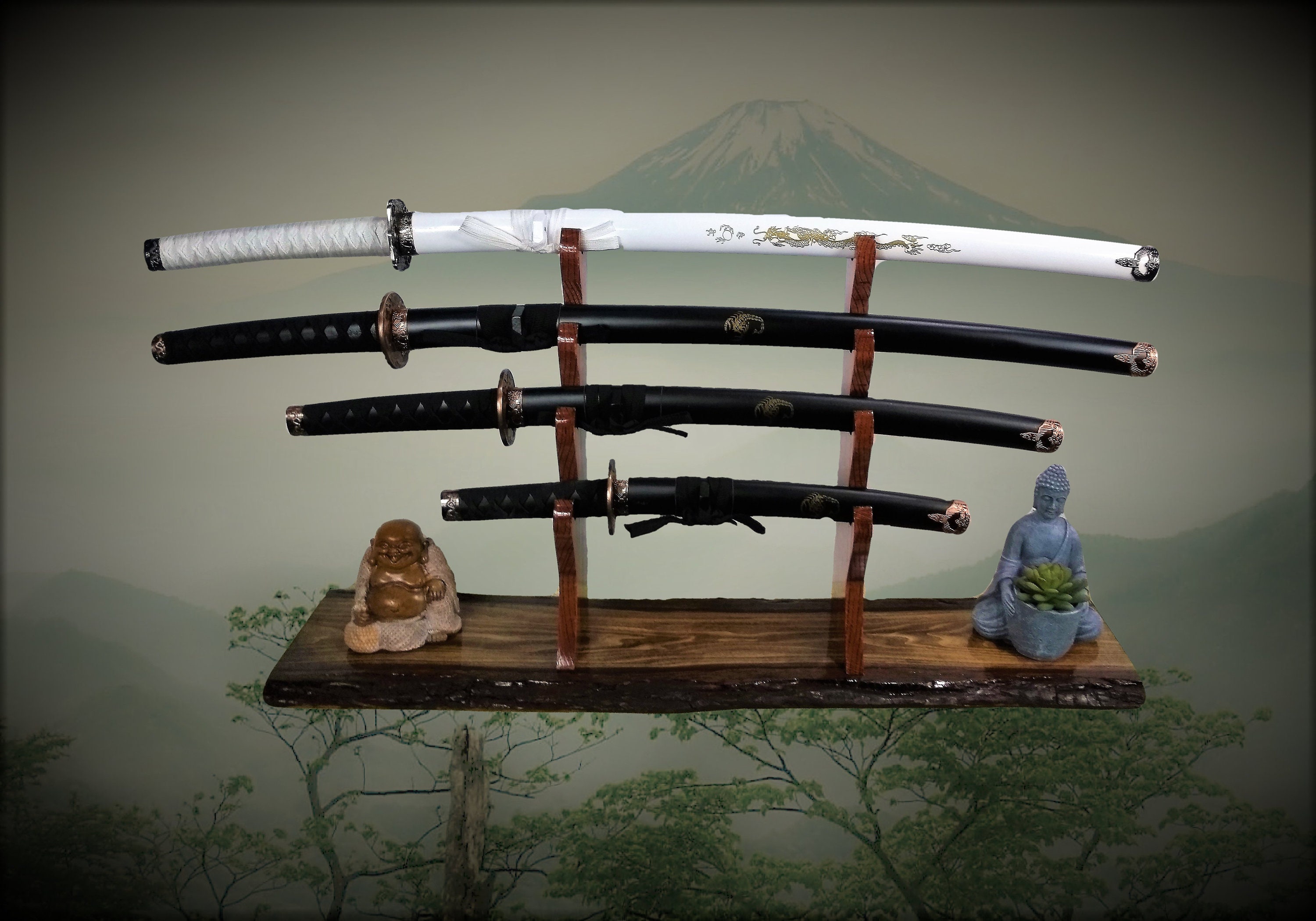 Rustic 4 Tier Sword Stand Display Walnut Base Katana Wakizashi Tanto