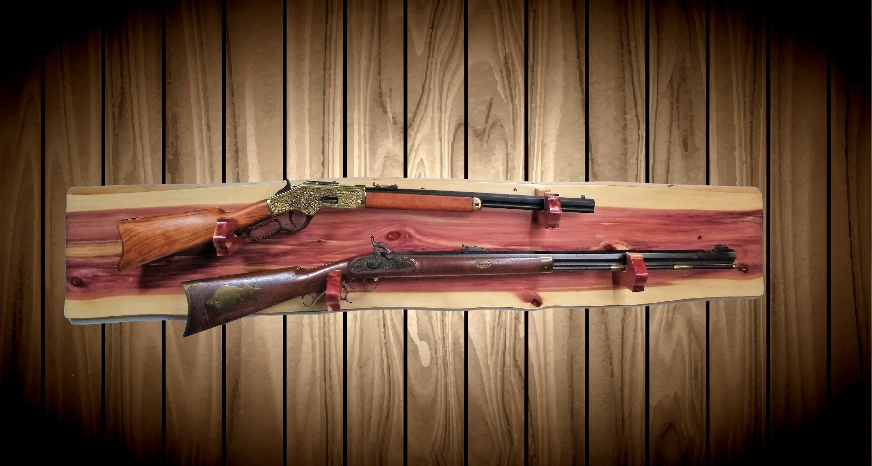 Rustic Red 2 Place Gun Rack, Wall Mount, Live Edge Knotty Cedar, Rifle