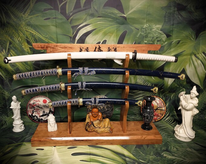 Rustic 4 Tier Beautiful Black Cherry Japanese Tori Gate Design Samurai Sword Display Stand Collectors Gift