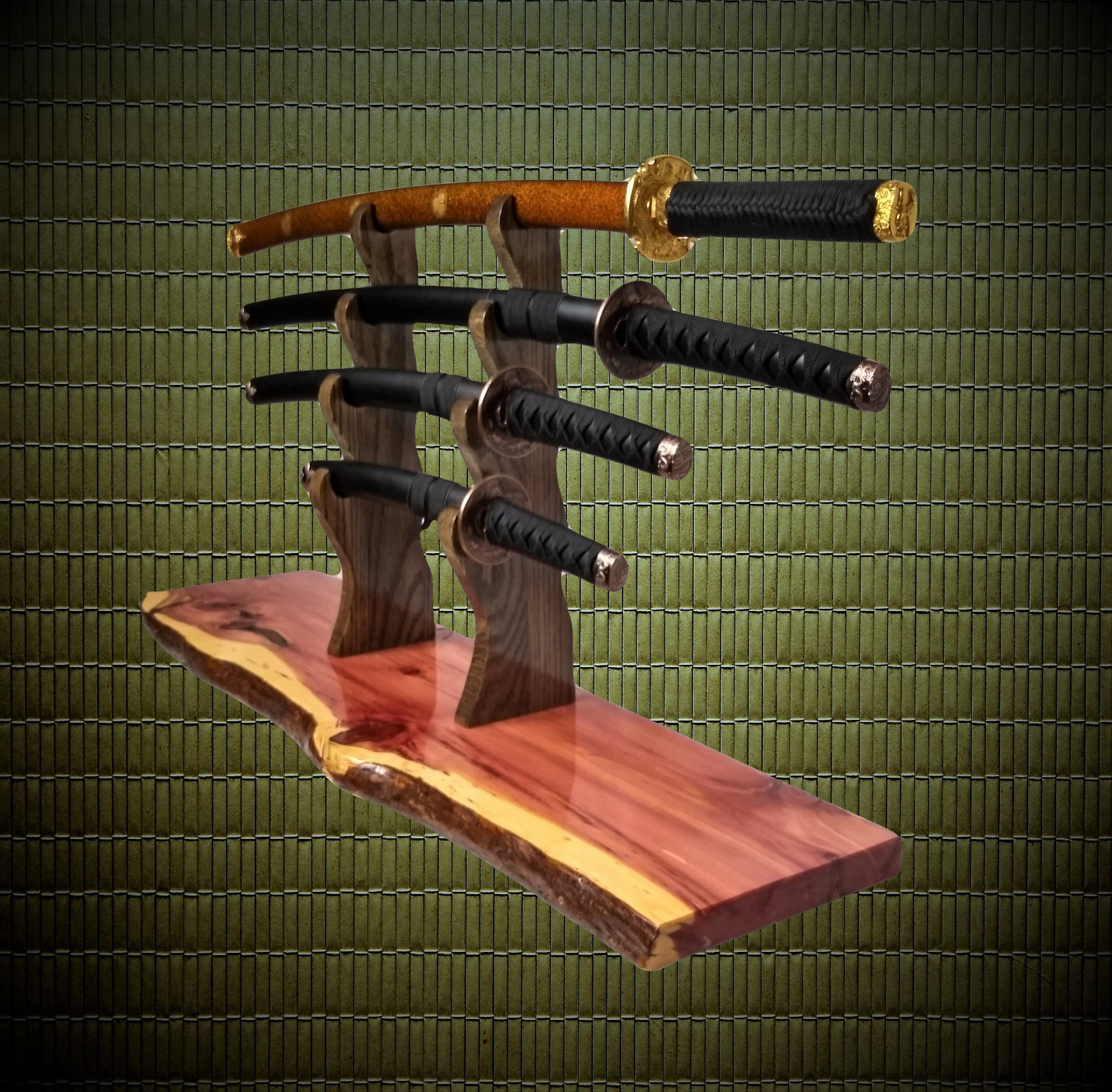 Rustic 4 Tier Samurai Sword Display Stand, Katana Wakizashi Tanto, Live Edge Knotty Cedar