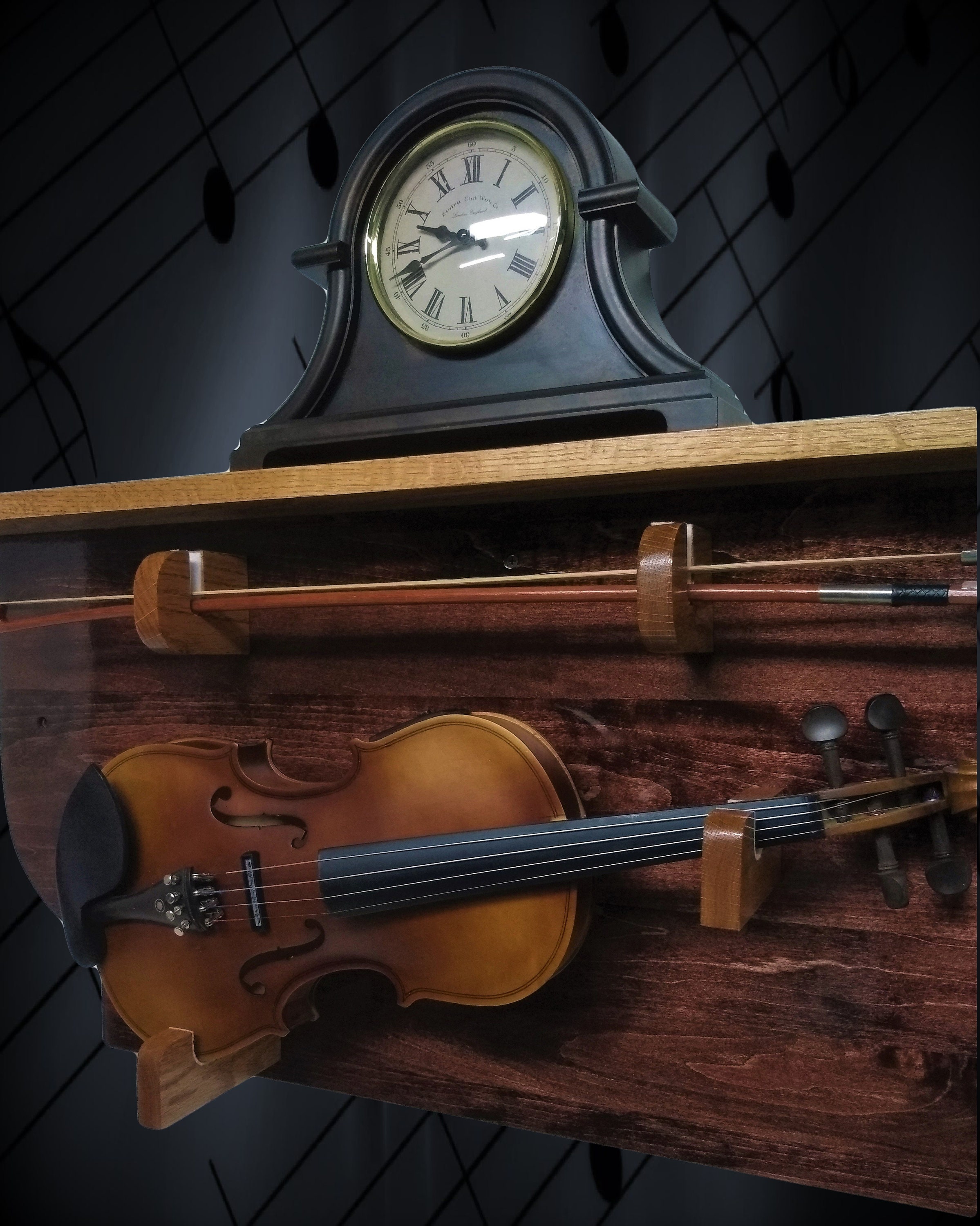 Mahogany Violin Display Rack with Oak Shelf Unique Rustic Musical Wall