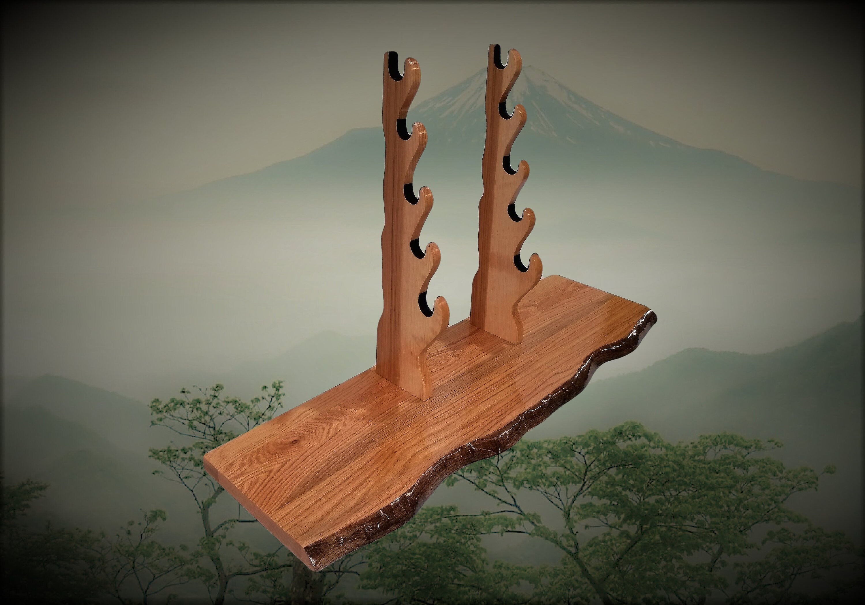 Solid Rustic Oak Katana Sword Stand, Hickory Holders, Mantel Desk Top
