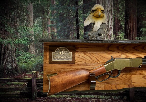GUN ORGANIZER, WALL Gun Rack, Rustic Brass Winchester Plaque Furniture Wax Gun Rack Shelf Rifle Display, Gun Lover Gift