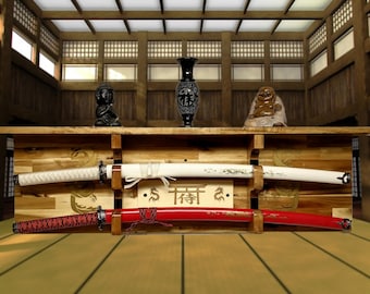 Traditional 2 Tier Katana Acacia Wall Shelf Bushido Code Golden Dragon Dojo Gift