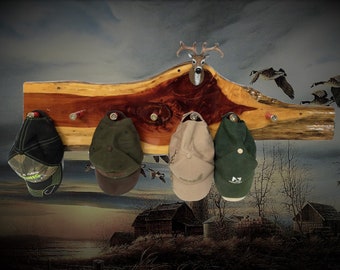 Unique Live Edge Red Cedar Hat | Coat Rack | Shotgun Shell Pegs | Faux Buck Mount | Cabin Home Décor