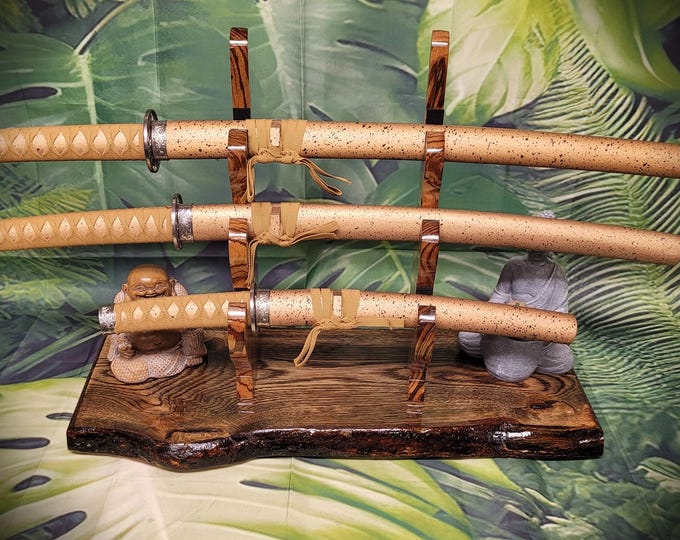 Rustic Live Edge Oak Sword Display Stand: Swamp Oak and Zebra Wood, Katana/Wakizashi